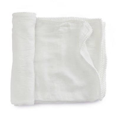 Pure White Muslin Baby Blankets With Pompom Edge