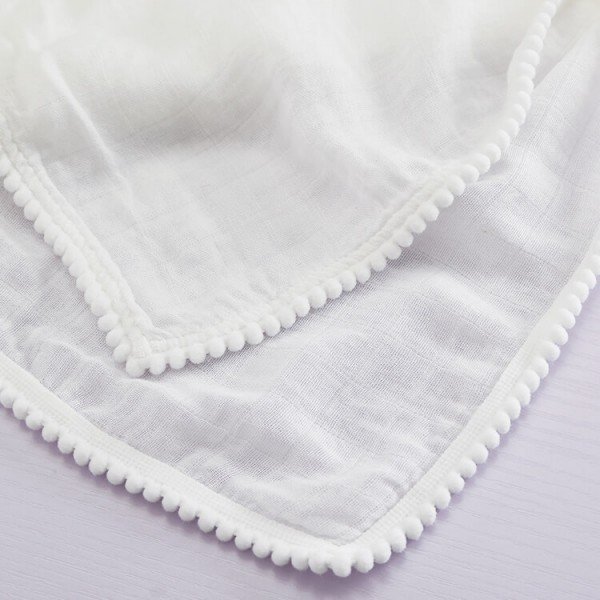 Pure White Muslin Baby Blankets With Pompom Edge